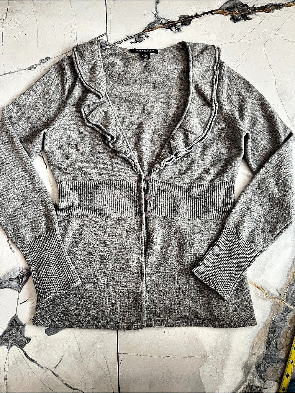 Women's 100% Cashmere Ruffle Collar Grey Cardigan Size Small